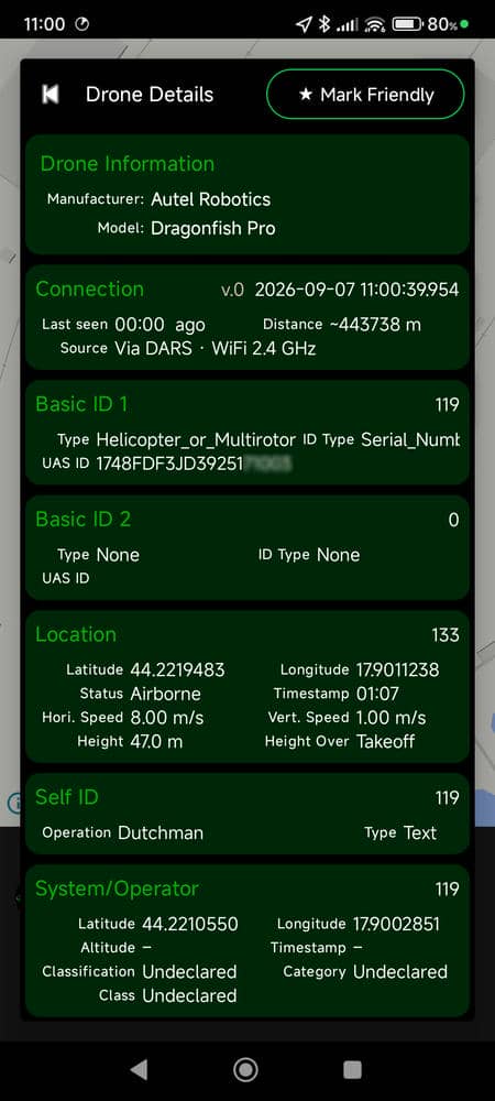 Remote ID detail view for a detected drone