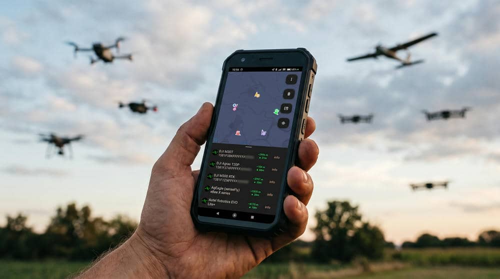 D.A.R.S. Android app showing a live map of detected drones with Remote ID details