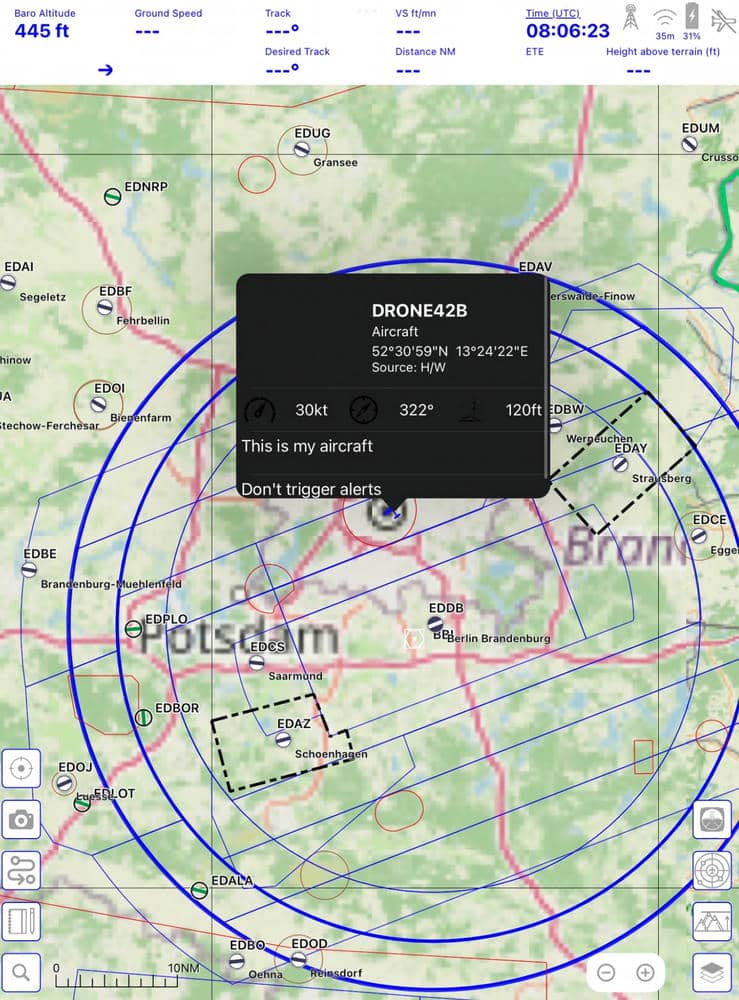 Detected drones shown as GDL-90 traffic on an Electronic Flight Bag map