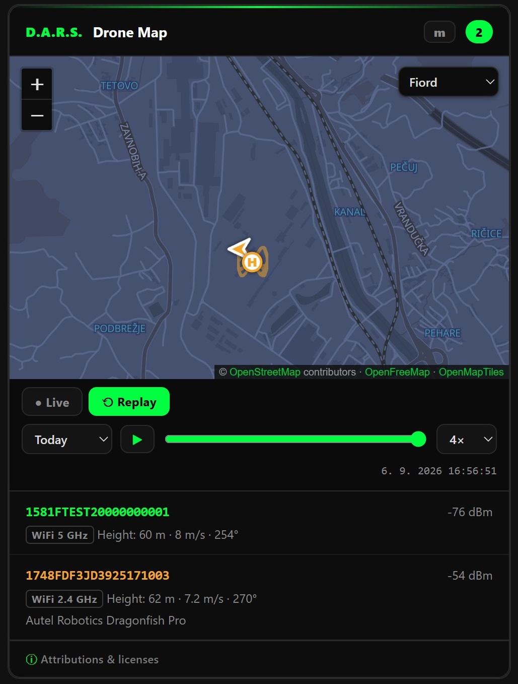 D.A.R.S. live drone map card running in Home Assistant